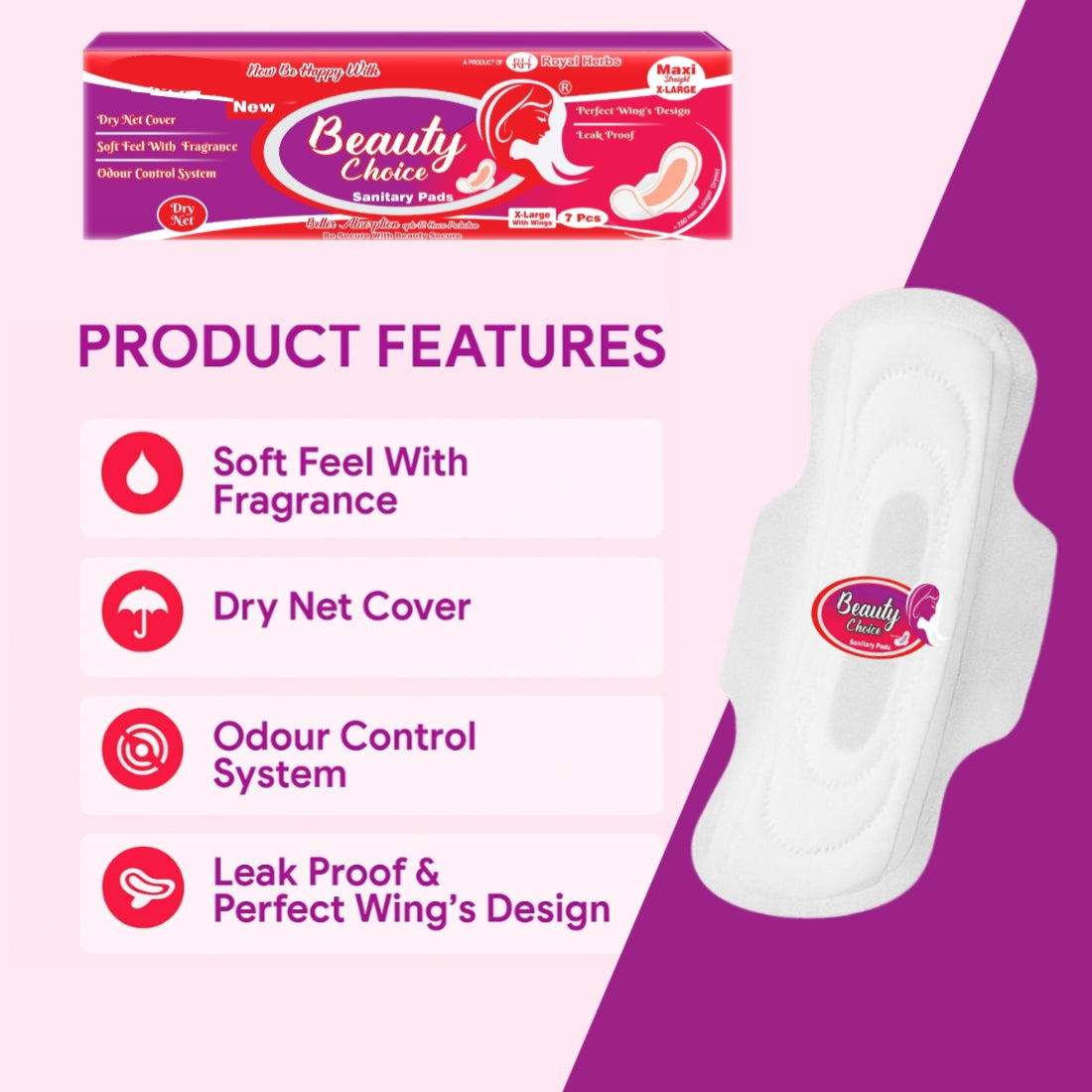 Beauty Choice Ultra XL 12 Pads – Dry Net Comfort, Leak-Proof Wings, 12-Hour Odour Control