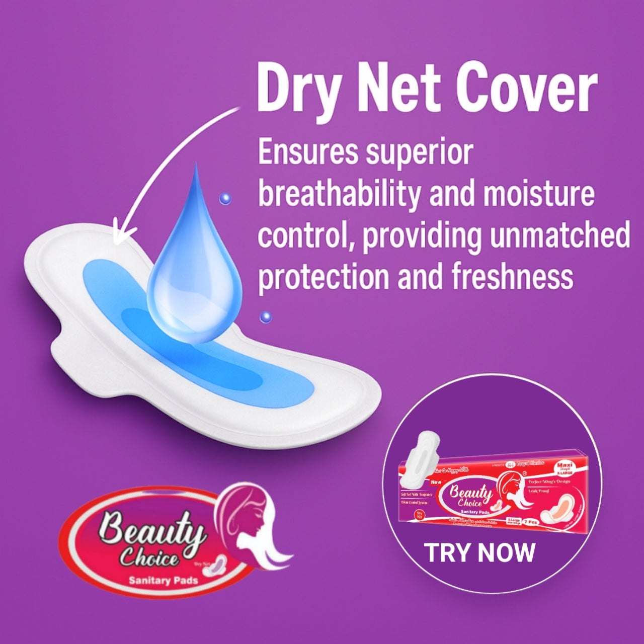 Beauty Choice XLarge with Wings – Dry Net Comfort, 12H Leak Lock (14 Pads)