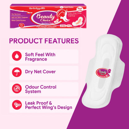 Beauty Choice XLarge with Wings – Dry Net Comfort, 12H Leak Lock (14 Pads)