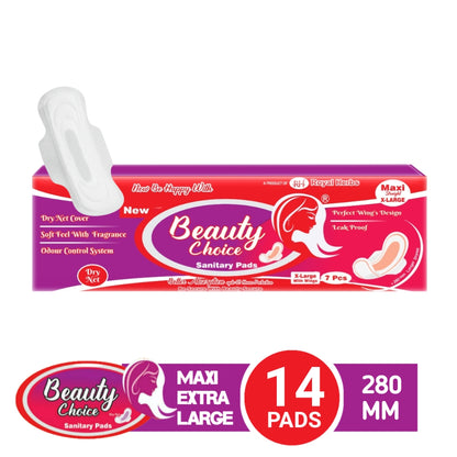 Beauty Choice XLarge with Wings – Dry Net Comfort, 12H Leak Lock (14 Pads)